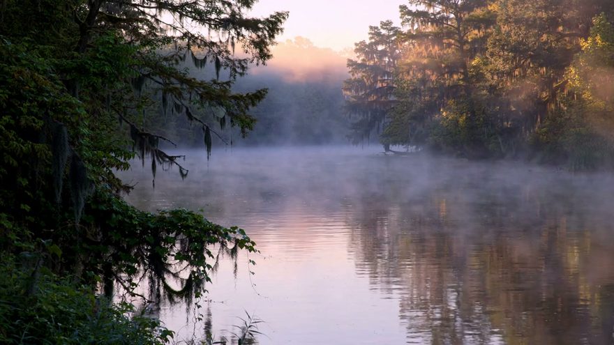 Still from the “Small Print” music video — the Muscle Shoals river at dawn
